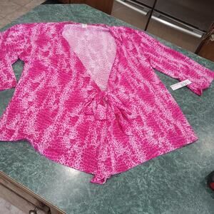 NWT Hue Large Women's Pink Animal Print Knit Tie Sleep Cardigan Top Robe Kimono